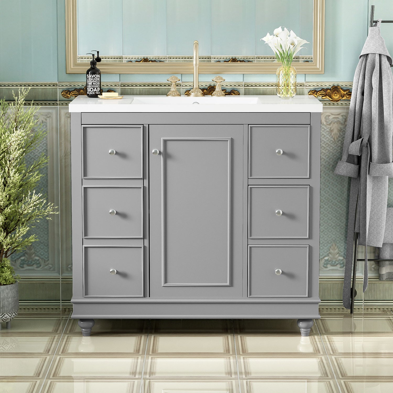 Contemporary Bathroom Vanity Cabinet, 4 Drawers &amp; 1 Cabinet Door, Multipurpose Storage, Resin Integrated Sink, Adjustable Shelves, Solid Wood Frame With MDF