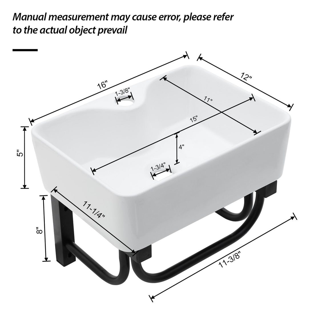 Rectangular Bathroom Sink With Towel Bar &amp; Faucet Hole, Wall Mounted - White