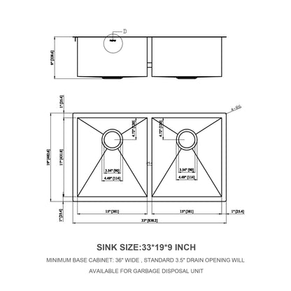 Undermount Double Bowl Kitchen Sink 16 Gauge With 9&quot; Deep Basin - Brushed Nickel