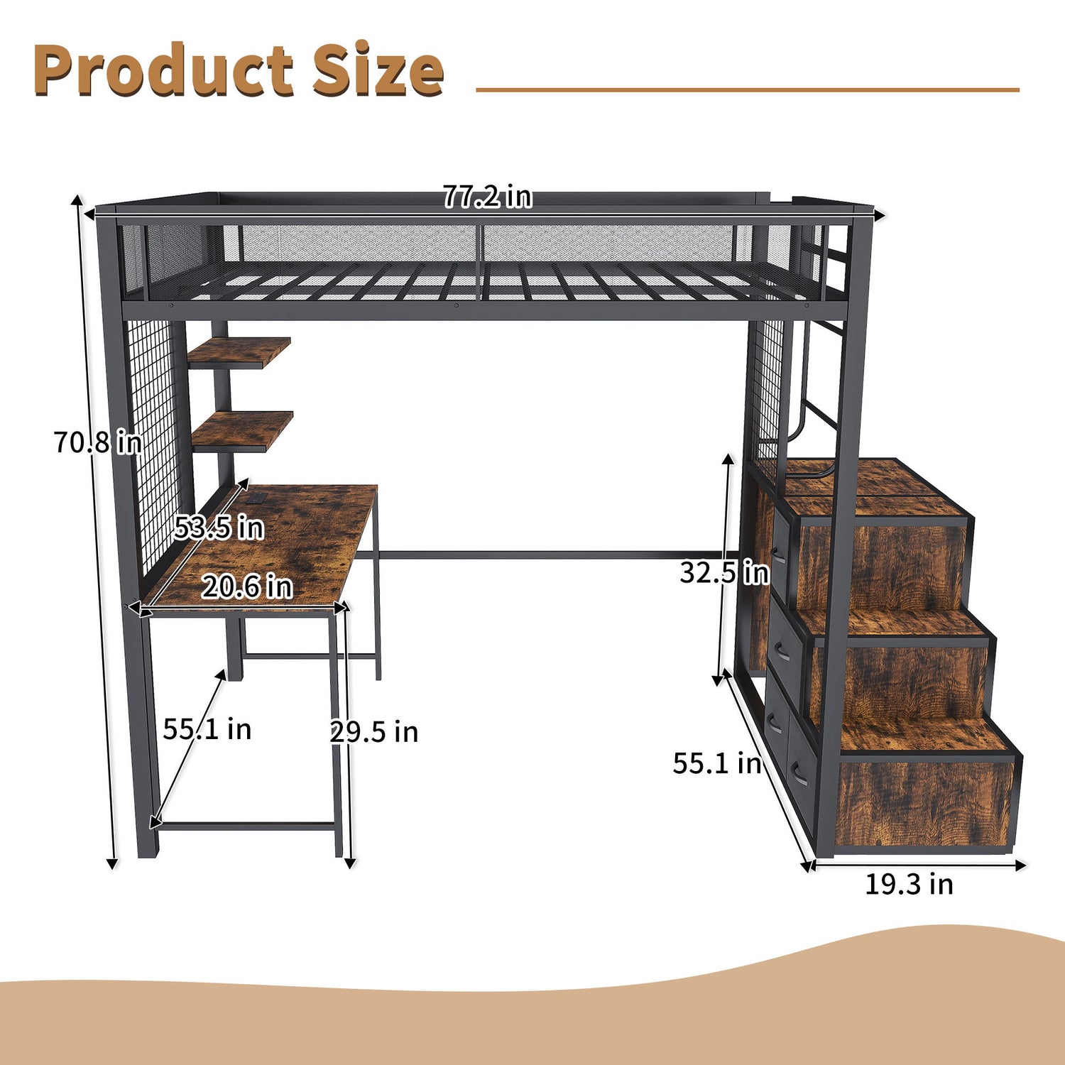 Heavy Duty Full Loft Bed With Desk &amp; USB Charging Metal Frame With Storage Drawers And Staircase - Black