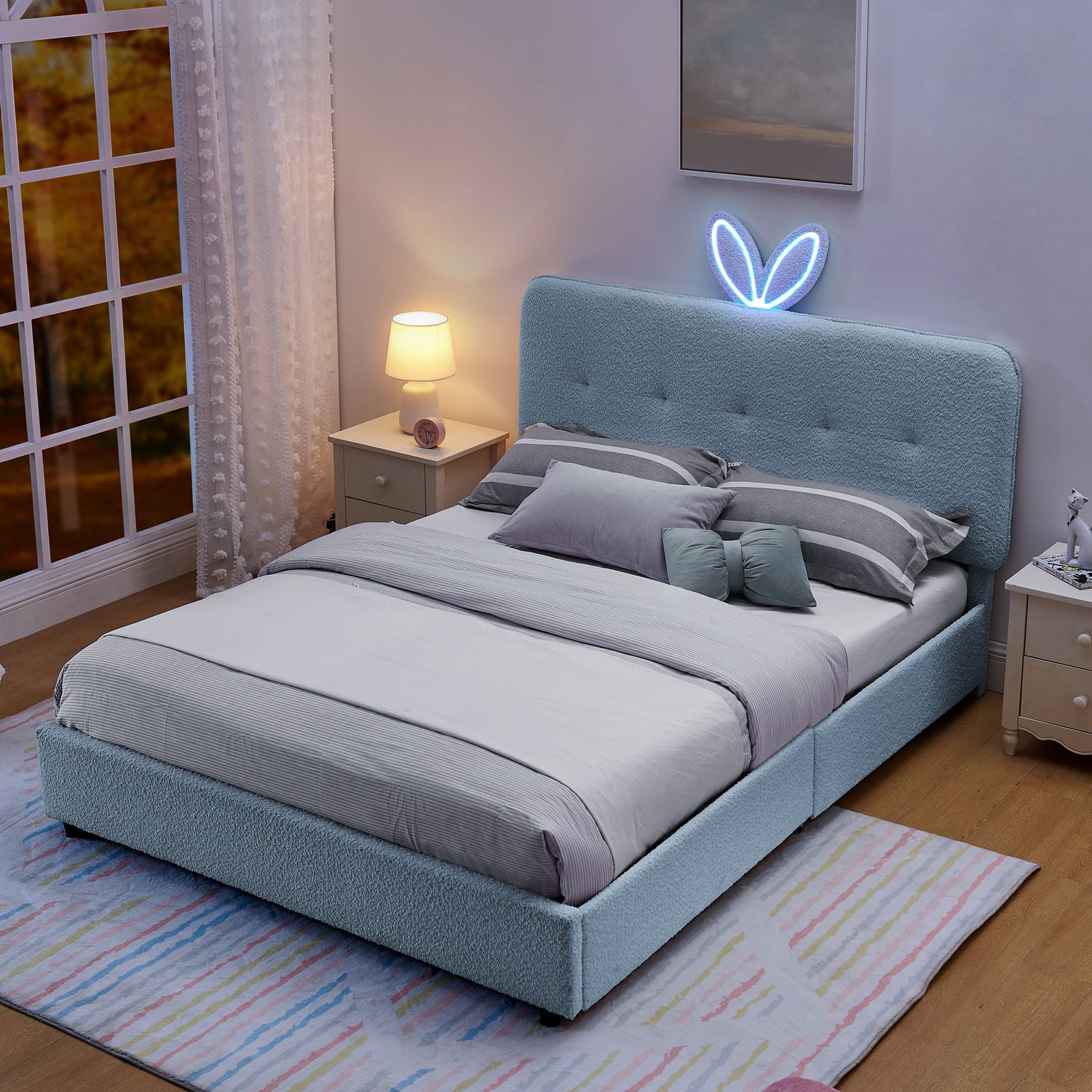 Upholstered Bed With Oversized Rabbit Ear Headboard, LED Lights &amp; 4 Storage Drawers