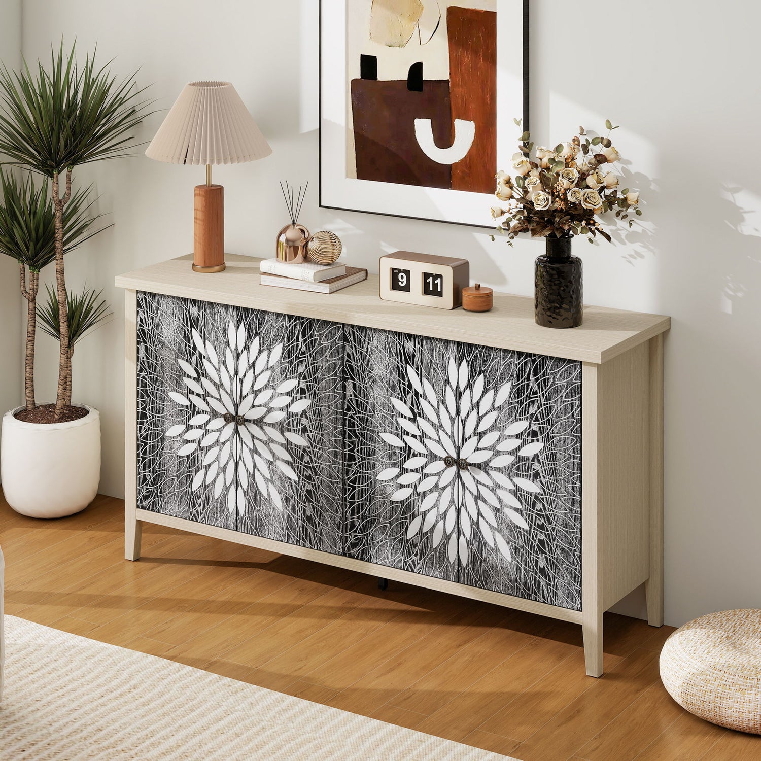 Modern Storage Cabinet With 4 Doors &amp; Adjustable Shelves