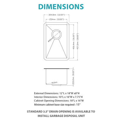 12&quot; Undermount Kitchen Sink, Deep Single Bowl - Brushed Nickel