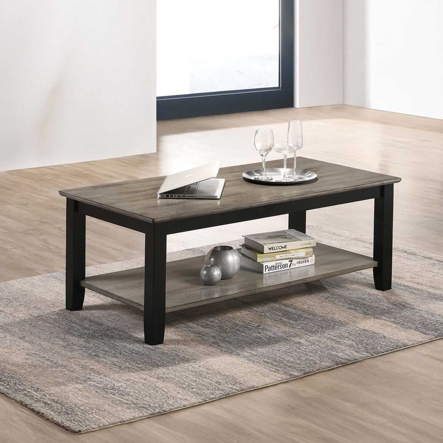 3 Piece Table Set With Open Shelf Storage, Includes Coffee, End &amp; Console Table - Black / Black / Gray / Gray