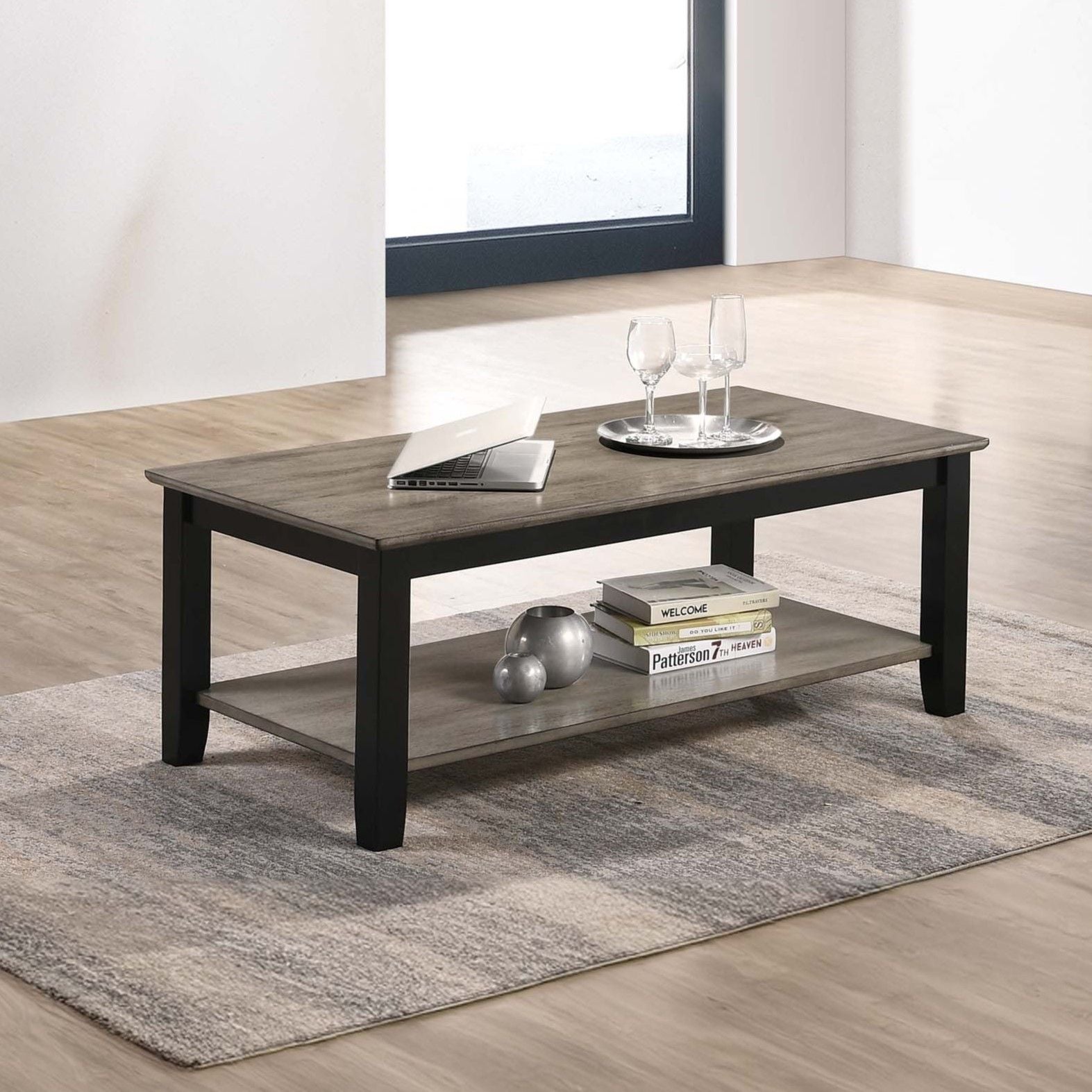 3 Piece Table Set With Open Shelf Storage, Includes Coffee, End &amp; Console Table - Black / Black / Gray / Gray