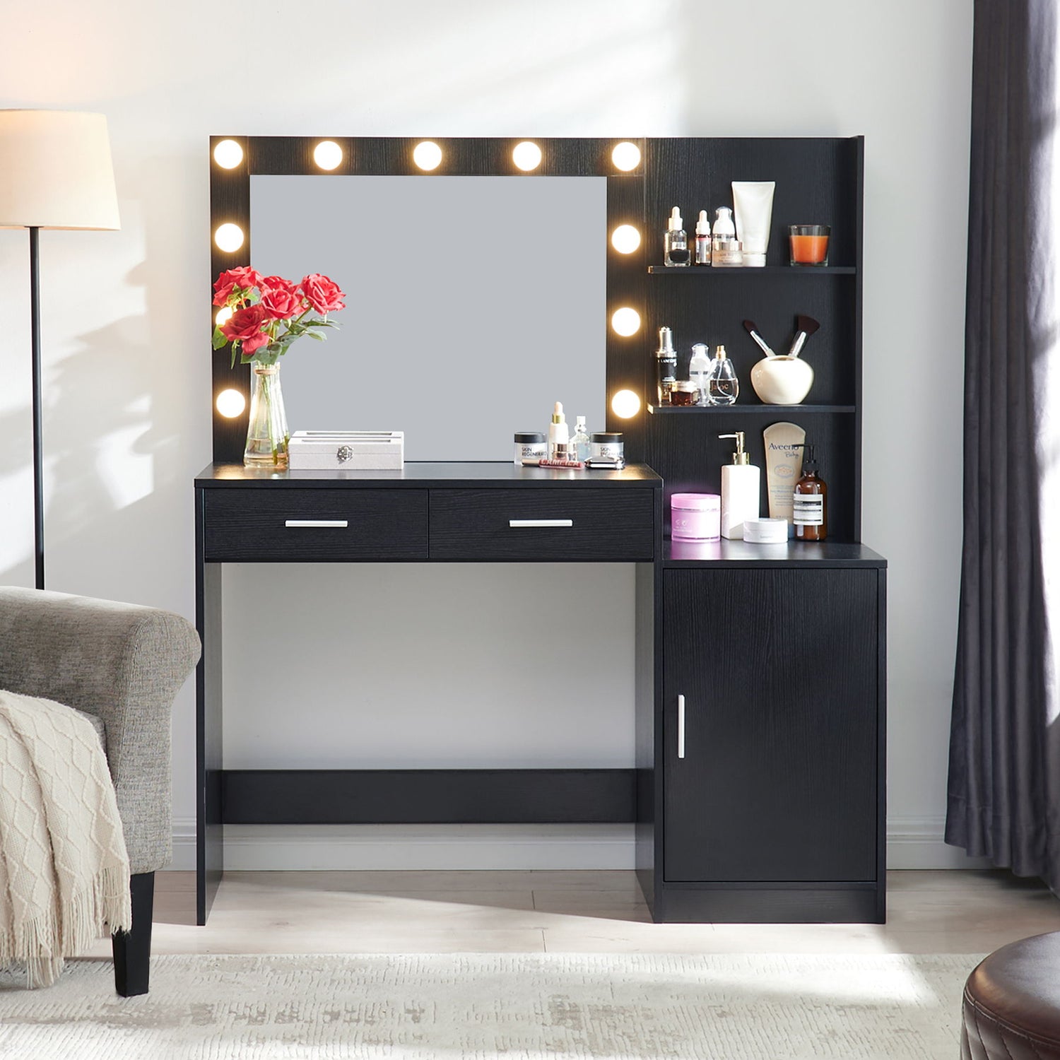 Vanity Desk With Mirror And Lights, 46.4In Dressing Table With 2 Large Drawer &amp; Large Vertical Organizer, 3 Level Dresser &amp; 3 Lighting Modes Adjustable Brightness, Suitable For Bedroom