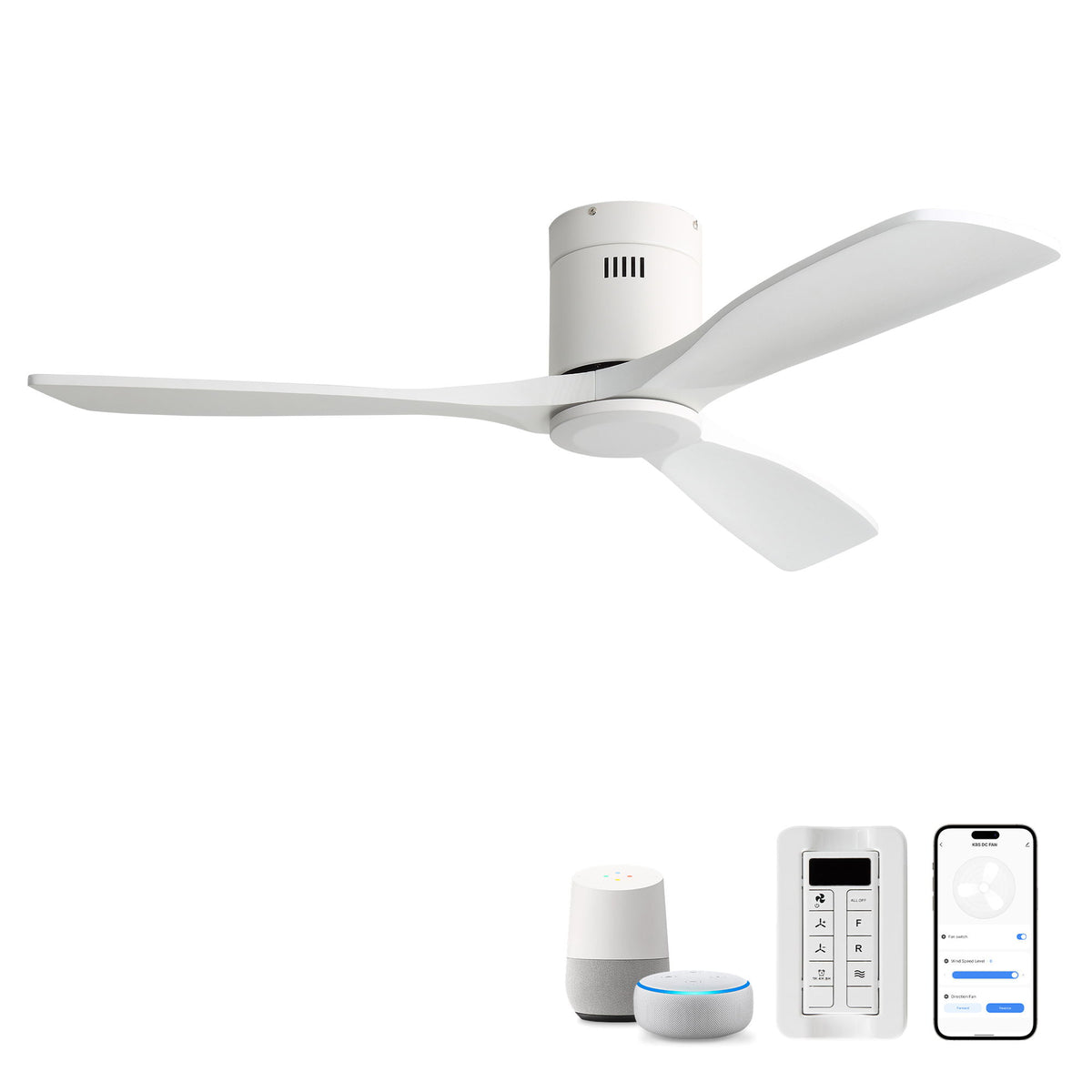 52" Flush Mount Ceiling Fan &amp; Remote, No Light, 3 Blades, 6 Speed DC Motor For Indoor Patio - White