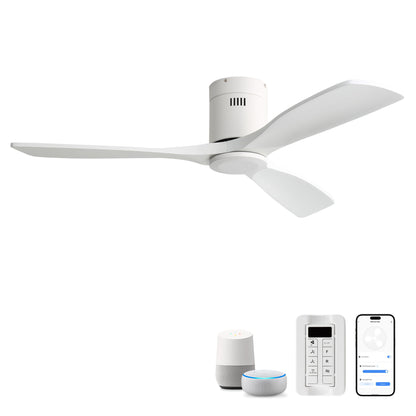 52" Flush Mount Ceiling Fan &amp; Remote, No Light, 3 Blades, 6 Speed DC Motor For Indoor Patio - White