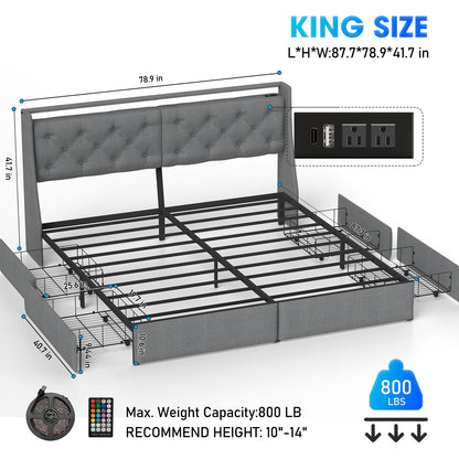 Platform Bed Frame With RGB LED Lights, Charging Station, Storage Headboard &amp; 4 Underbed Drawers