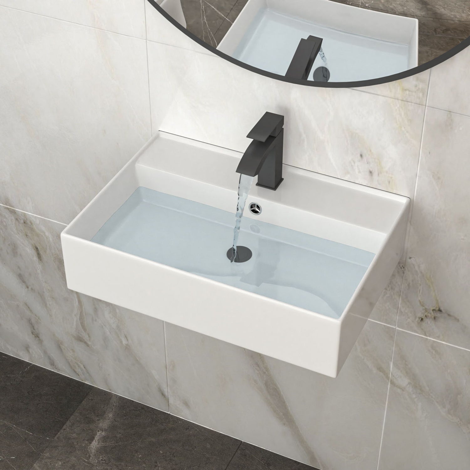 Modern Ceramic Rectangular Wall Mounted Bathroom Sink With Faucet Hole &amp; Overflow