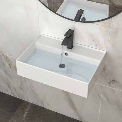 Modern Ceramic Rectangular Wall Mounted Bathroom Sink With Faucet Hole &amp; Overflow