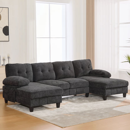 U-Shaped Sectional Sofa 103.5&quot; Black Chenille Fabric Couch With Dual Chaise Lounges, Storage Pockets, Armrest Pillows