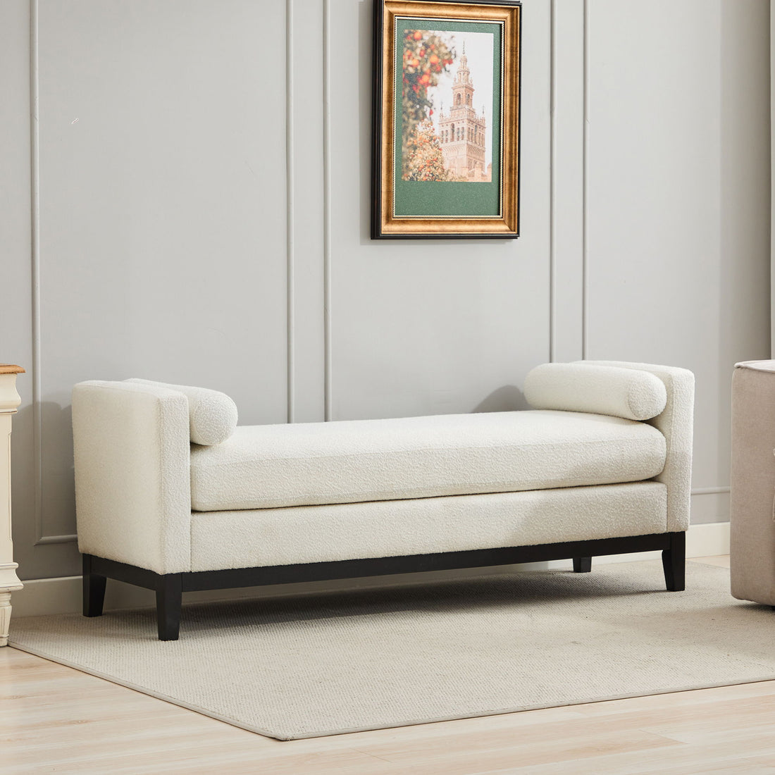 Elegant Upholstered Bench, Daybed, Ottoman With Wood Legs &amp; Bolster Pillows - Ivory Boucle