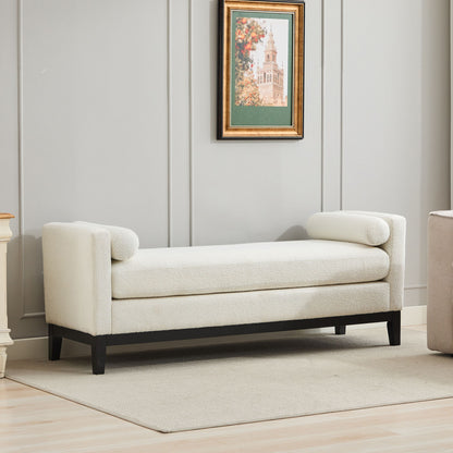 Elegant Upholstered Bench, Daybed, Ottoman With Wood Legs &amp; Bolster Pillows - Ivory Boucle