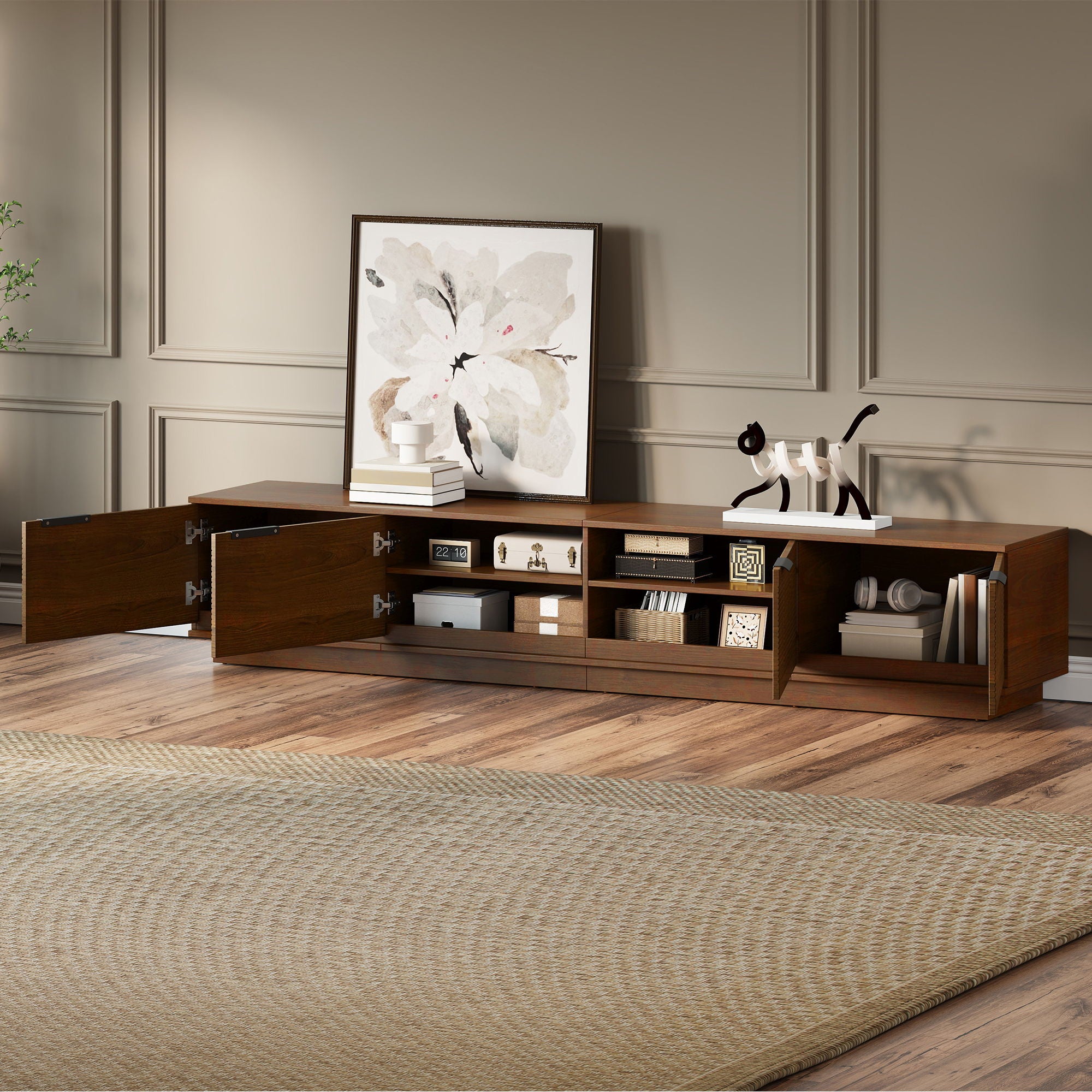 TV Stand, Entertainment Center With Fluted Door &amp; Cable Management, Soft Closing Hinges - Walnut