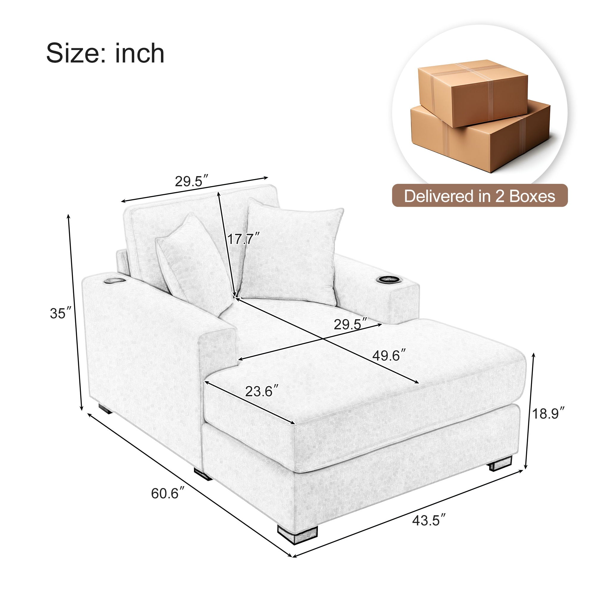 Oversized Chaise Lounger Modern Style Sofa Couch, With Pillows, Charge Station &amp; Cup Holders