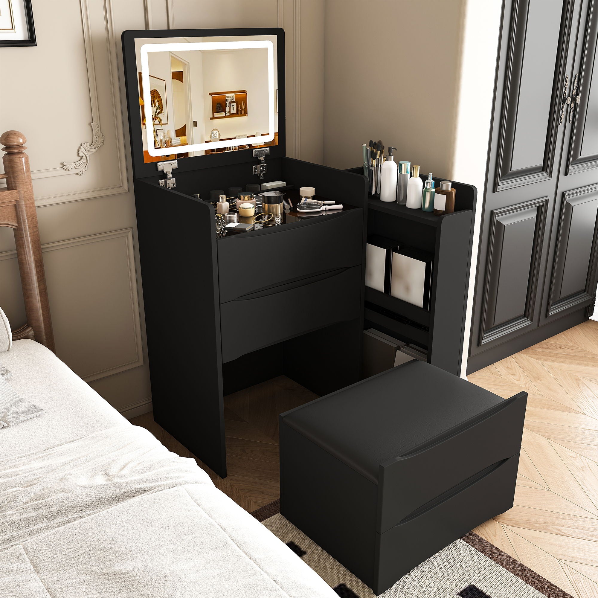 Flip Mirror Vanity Desk With Adjustable LED Lights &amp; Stool For Bedroom