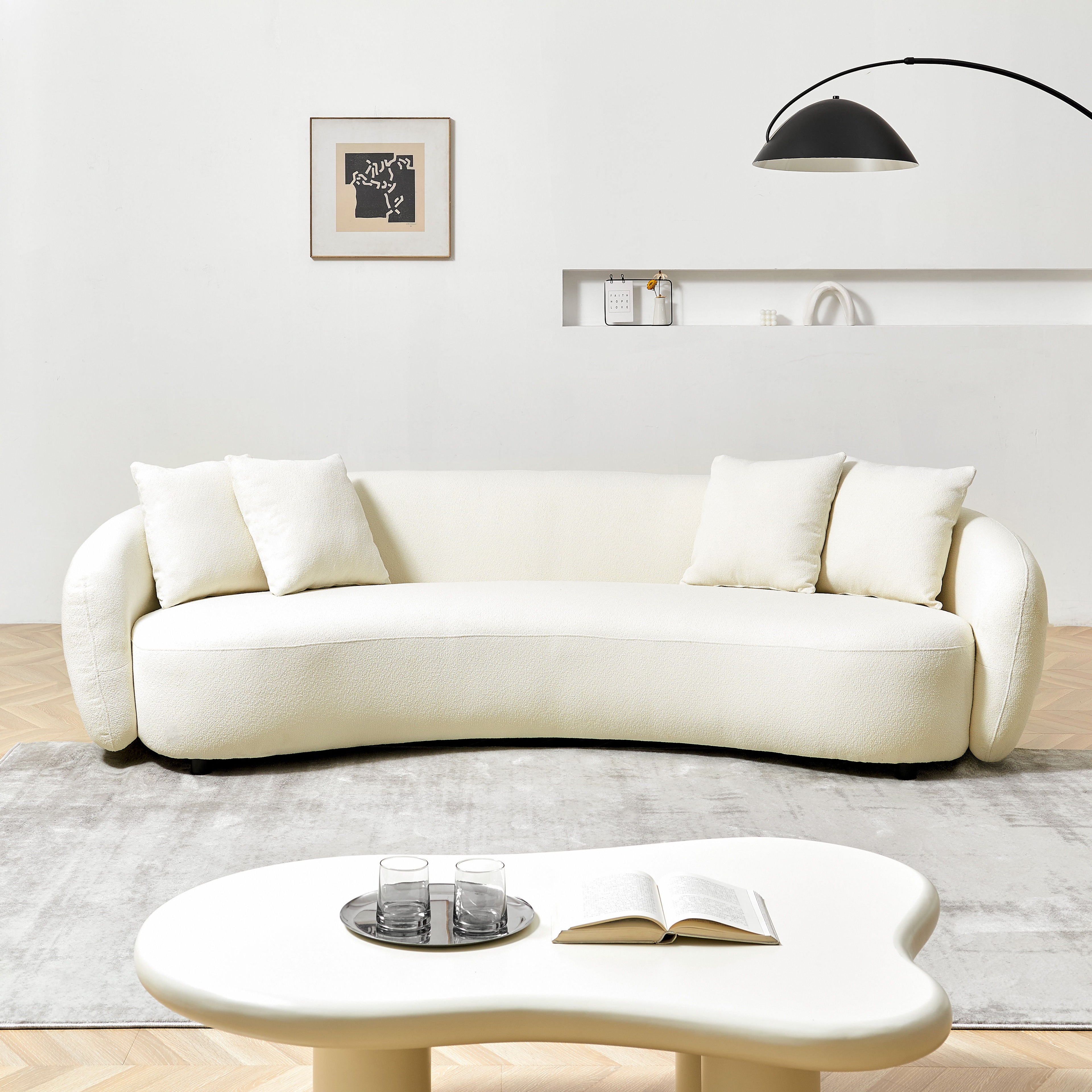 Modern Curved Sofa Mid-Century Comfy Half Moon Teddy Fabric Couch, 101&quot; Upholstered With 4 Throw Pillows For Living Room - White