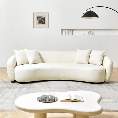 Modern Curved Sofa Mid-Century Comfy Half Moon Teddy Fabric Couch, 101&quot; Upholstered With 4 Throw Pillows For Living Room - White