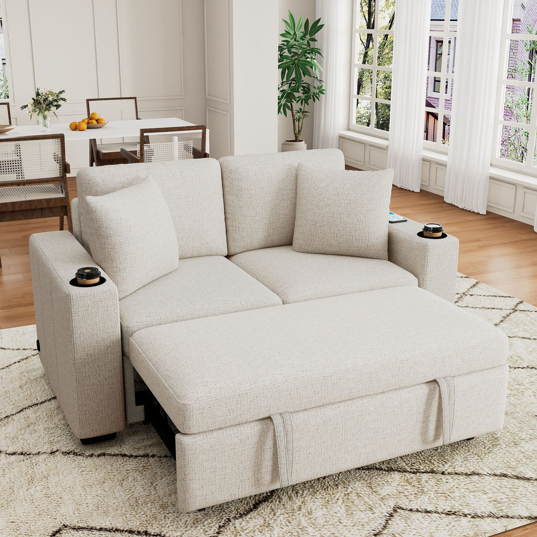 2 Seater Loveseat Sofa With Pull Out Bed, USB Charging, Dual Cup Holders - Beige