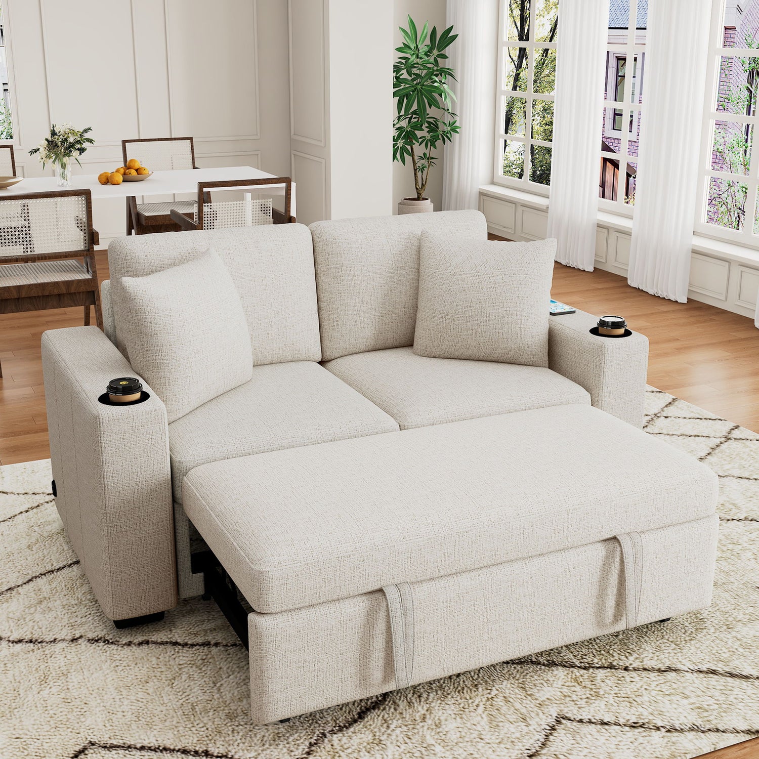 2 Seater Loveseat Sofa With Pull Out Bed, USB Charging, Dual Cup Holders - Beige