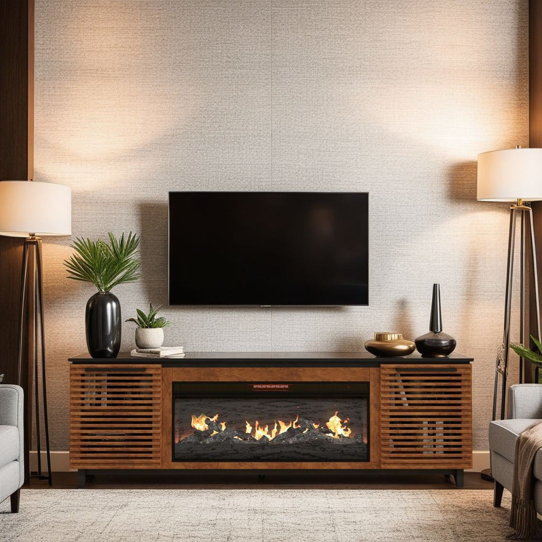 Graceland - Fireplace TV Stand Console For TVs Up To 100&quot; - Black, Bourbon