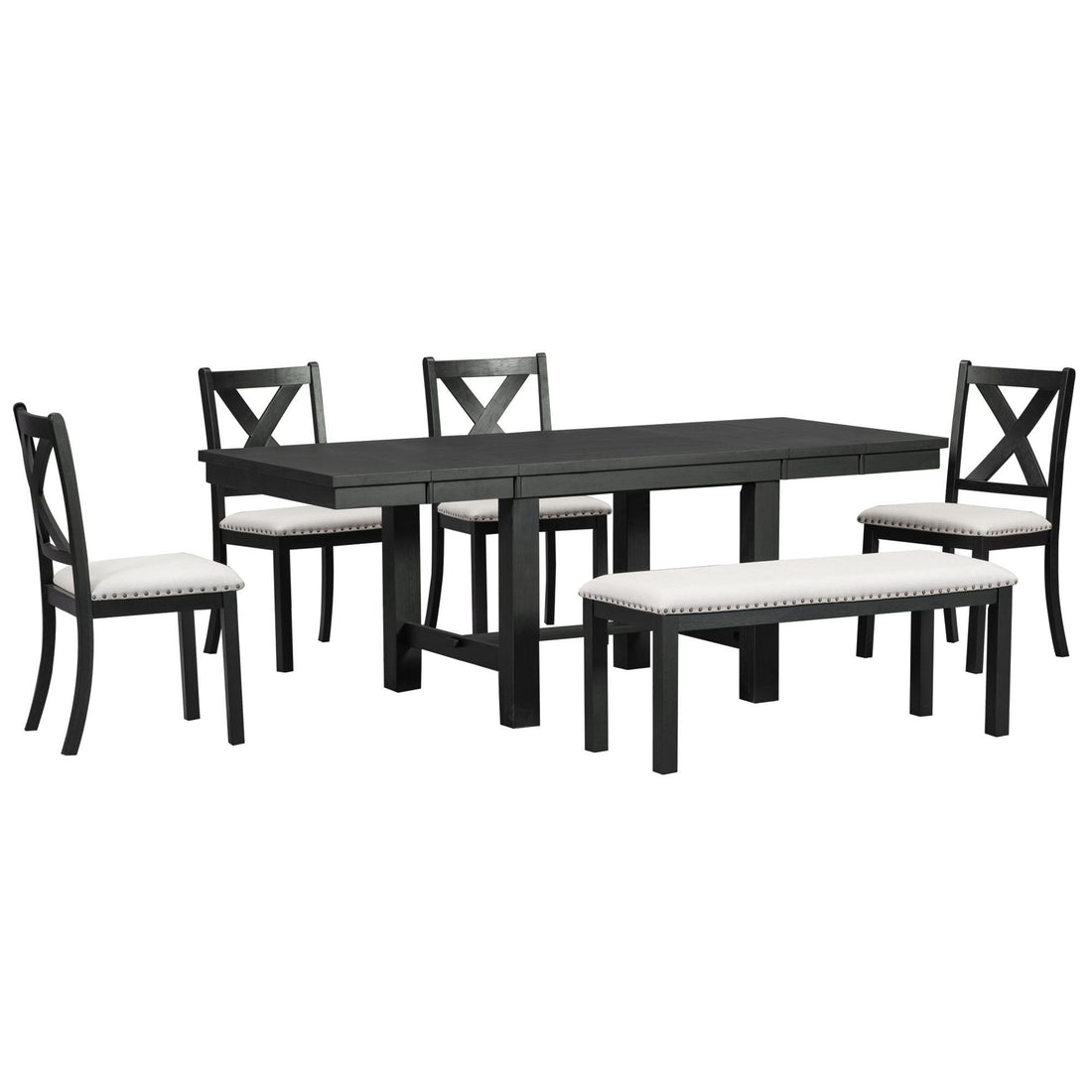 Topmax - 6 Piece Farmhouse Extendable Dining Table With Footrest, 4 Upholstered Dining Chairs And Dining Bench, Two 11&quot; Removable Leaf