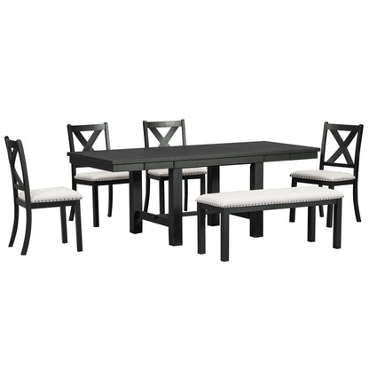 Topmax - 6 Piece Farmhouse Extendable Dining Table With Footrest, 4 Upholstered Dining Chairs And Dining Bench, Two 11&quot; Removable Leaf