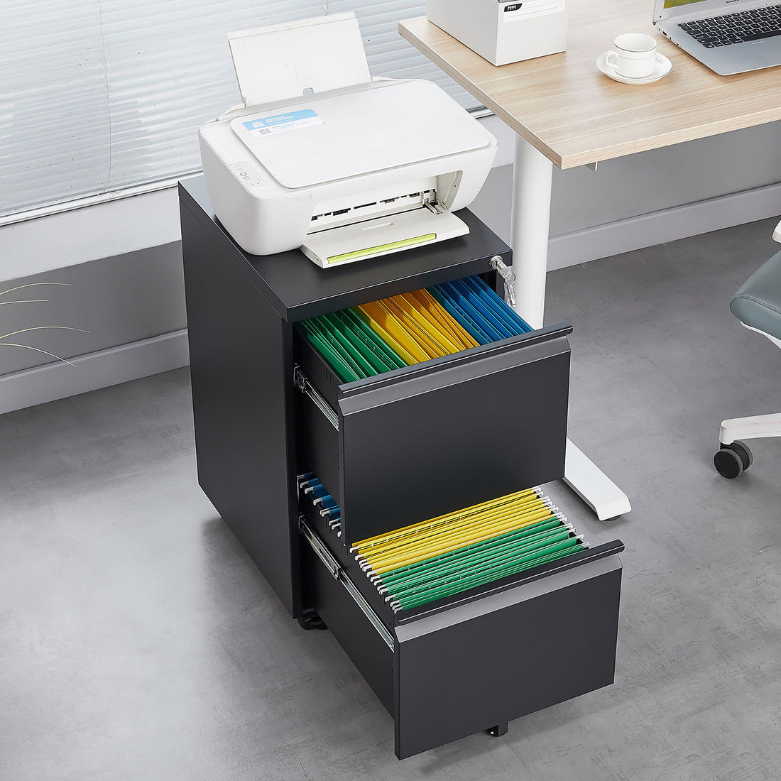 2 Drawer File Cabinet With Lock, Metal Under Desk Rolling Filing Cabinet Fits Letter / Legal / A4 Size For Home Office, Mobile Filing Cabinet