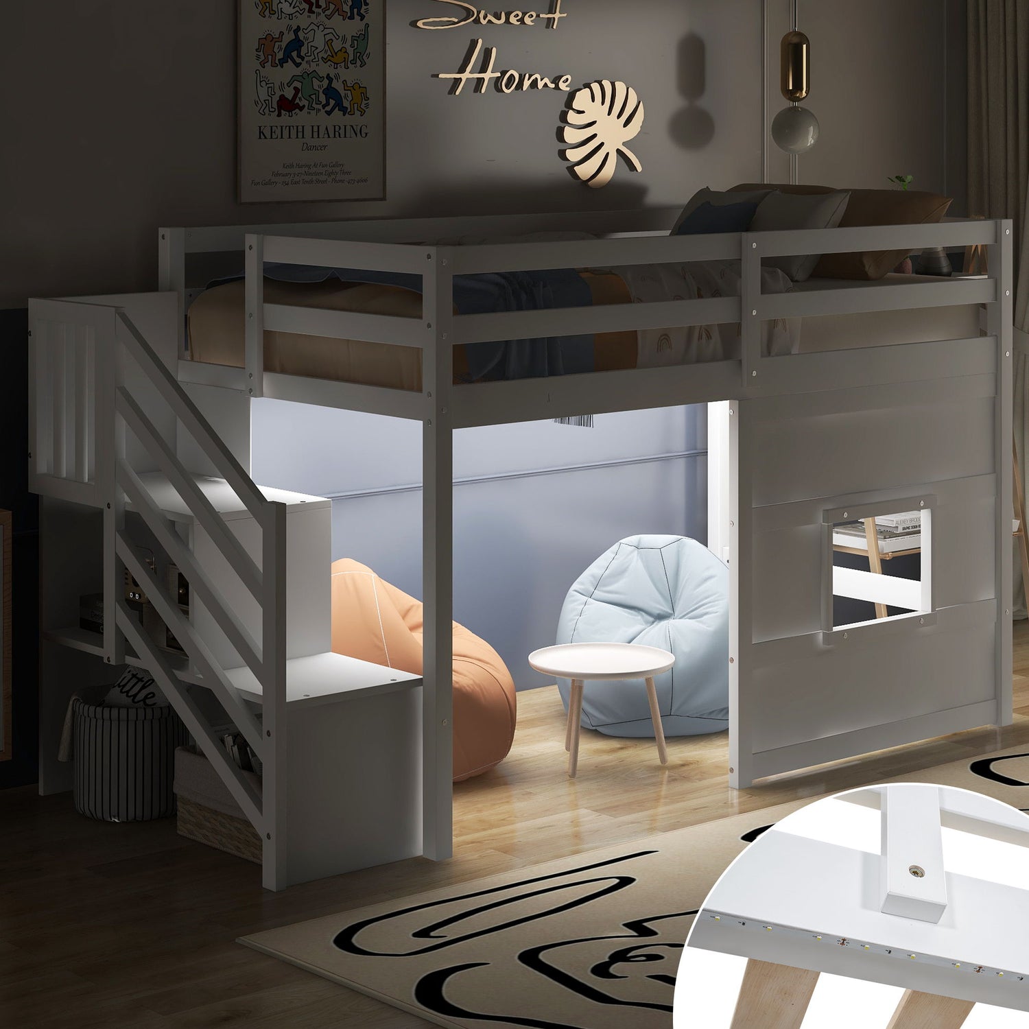 Loft Bed With Storage Staircase, Window &amp; LED Light