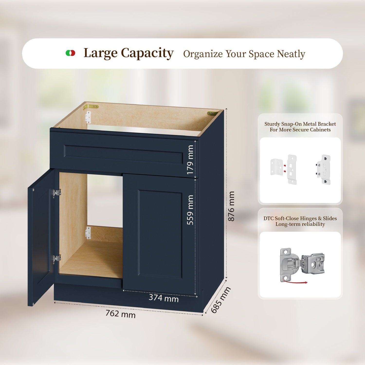 Shaker Base Cabinet With Soft-Close Drawer &amp; Double Doors, Adjustable Shelf