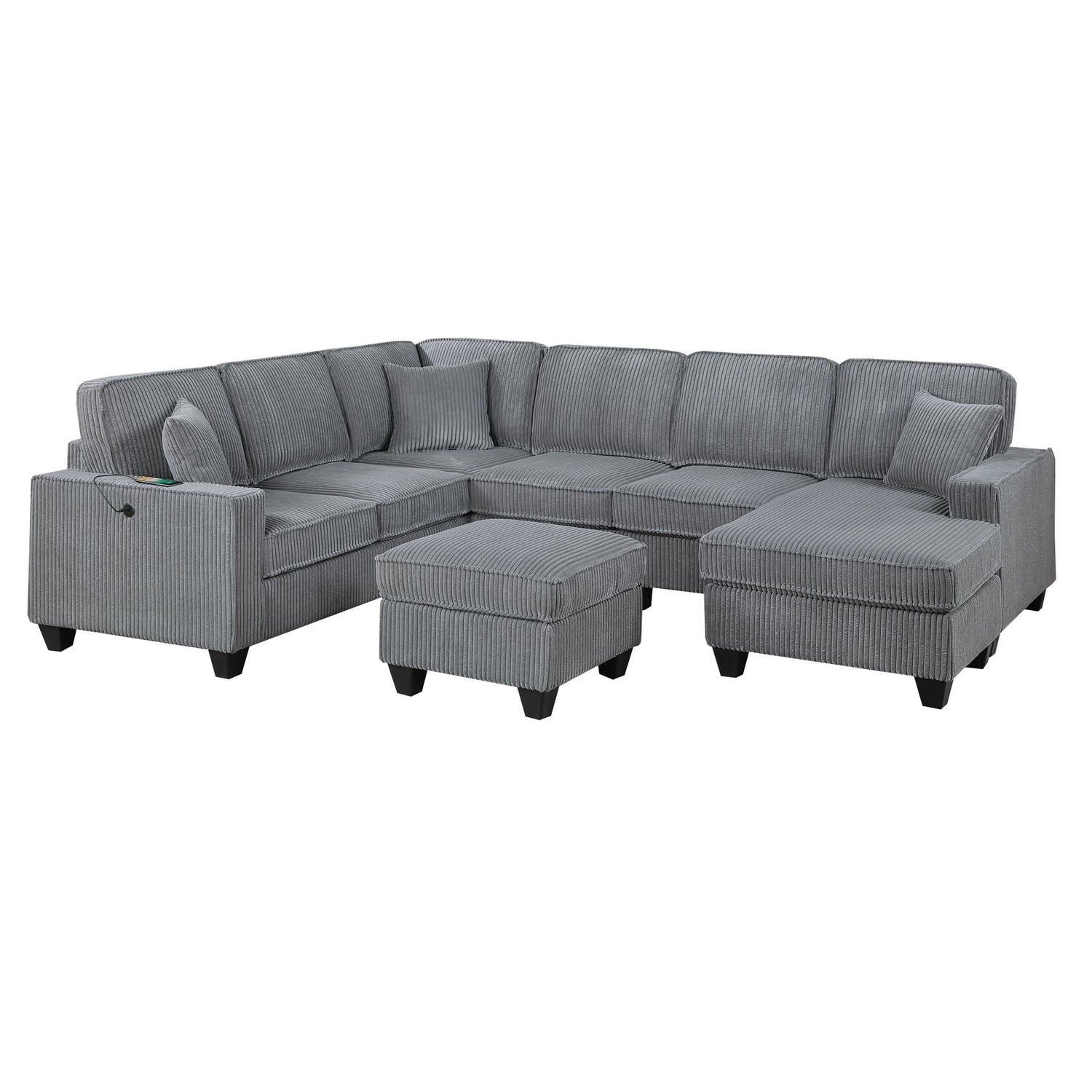 Left Arm Facing Loveseat With USB Port And Storage Sectional Set With Corner Wedge Armless Chair And Cocktail Ottoman - Fog