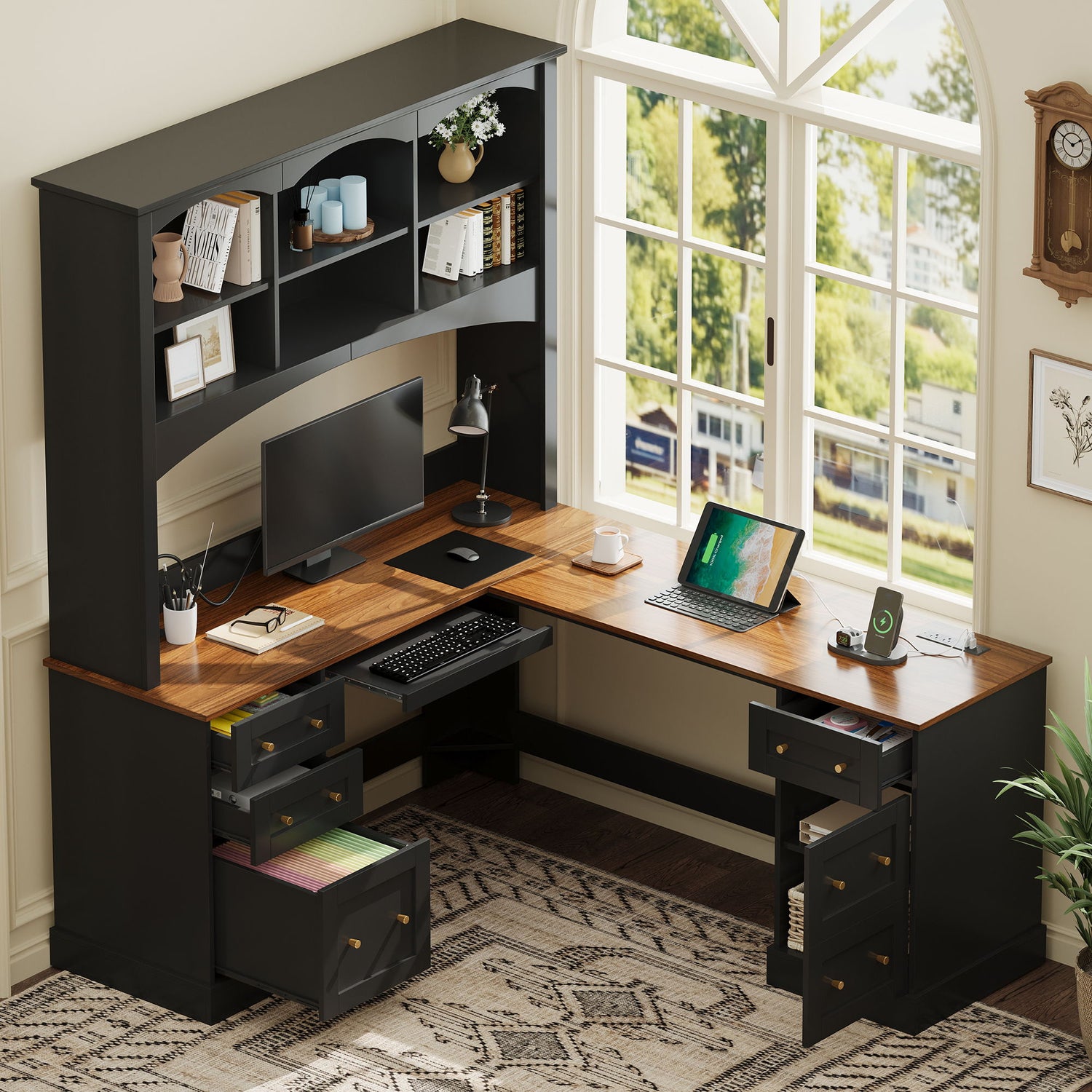 Space Saving L-Shaped Computer Desk With Keyboard Tray &amp; Charging Stations