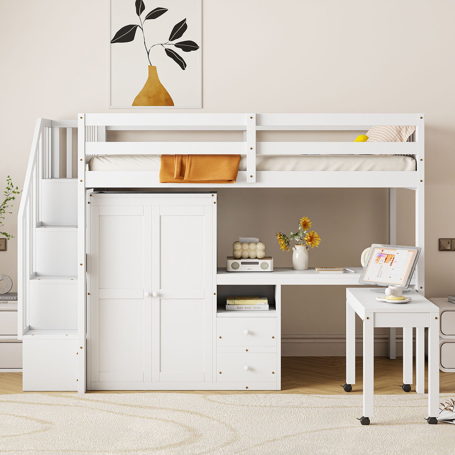 Loft Bed With Stairs, Bookshelf, Drawers, Desk &amp; Wardrobe, Space Saving Multifunctional Furniture