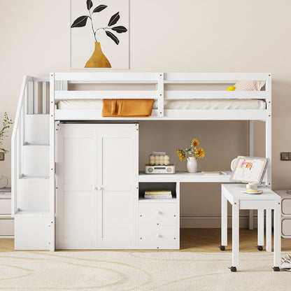 Loft Bed With Stairs, Bookshelf, Drawers, Desk &amp; Wardrobe, Space Saving Multifunctional Furniture