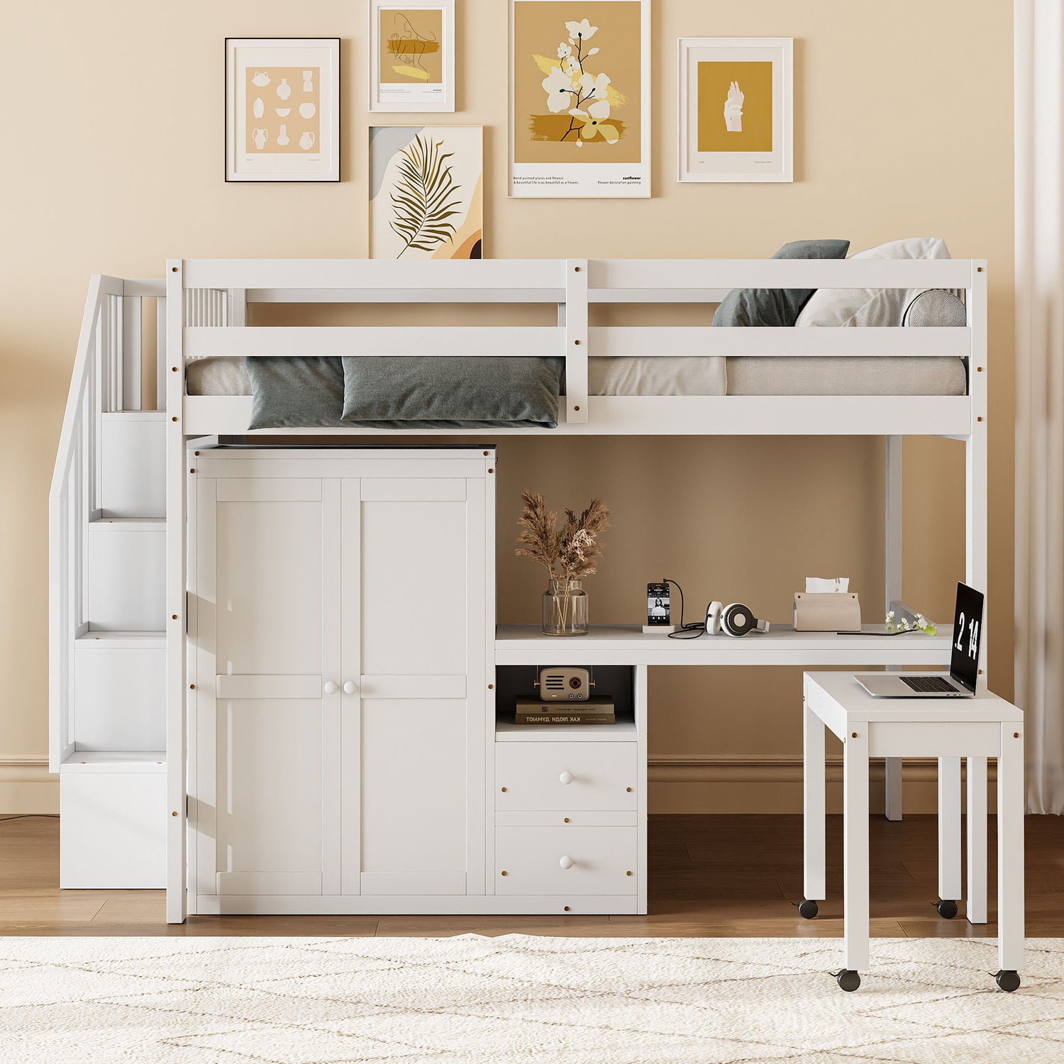 Loft Bed With Stairs, Bookshelf, Drawers, Desk &amp; Wardrobe, Space Saving Multifunctional Furniture