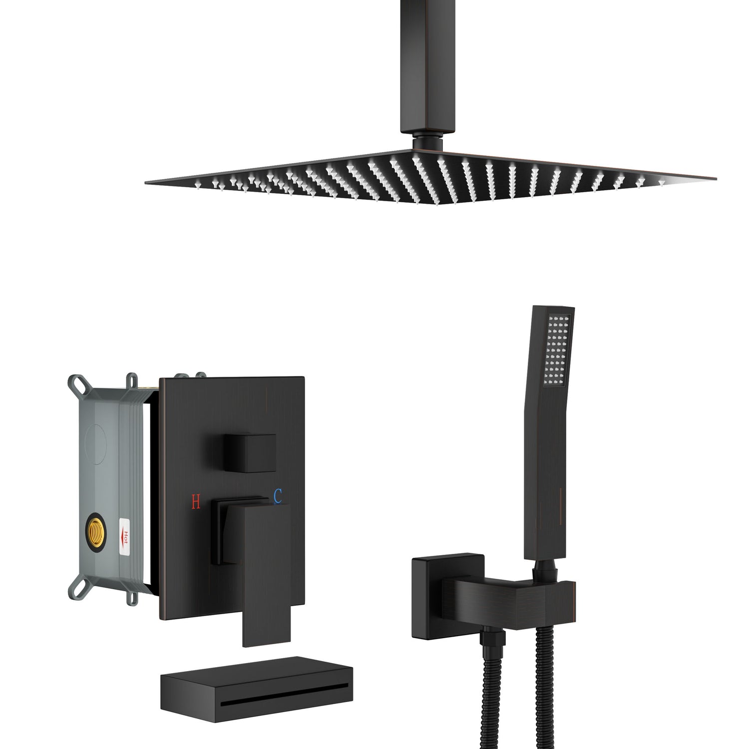 Shower System With Waterfall Tub Spout And 12&quot; Ceiling Mount Square Shower Head - Oil-Rubbed Bronze