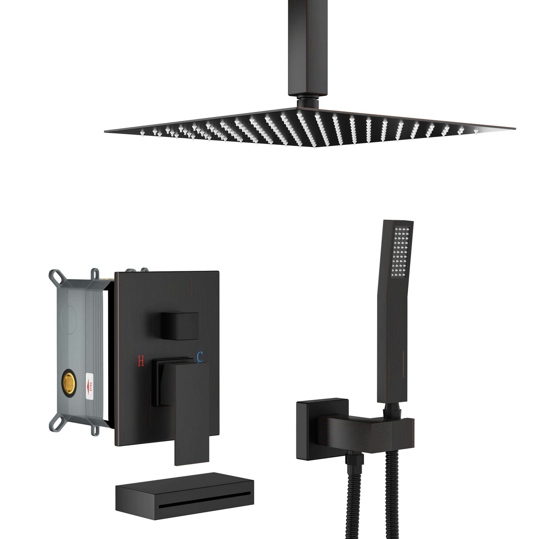 Shower System With Waterfall Tub Spout And 12&quot; Ceiling Mount Square Shower Head - Oil-Rubbed Bronze