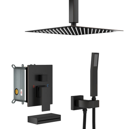 Shower System With Waterfall Tub Spout And 12&quot; Ceiling Mount Square Shower Head - Oil-Rubbed Bronze