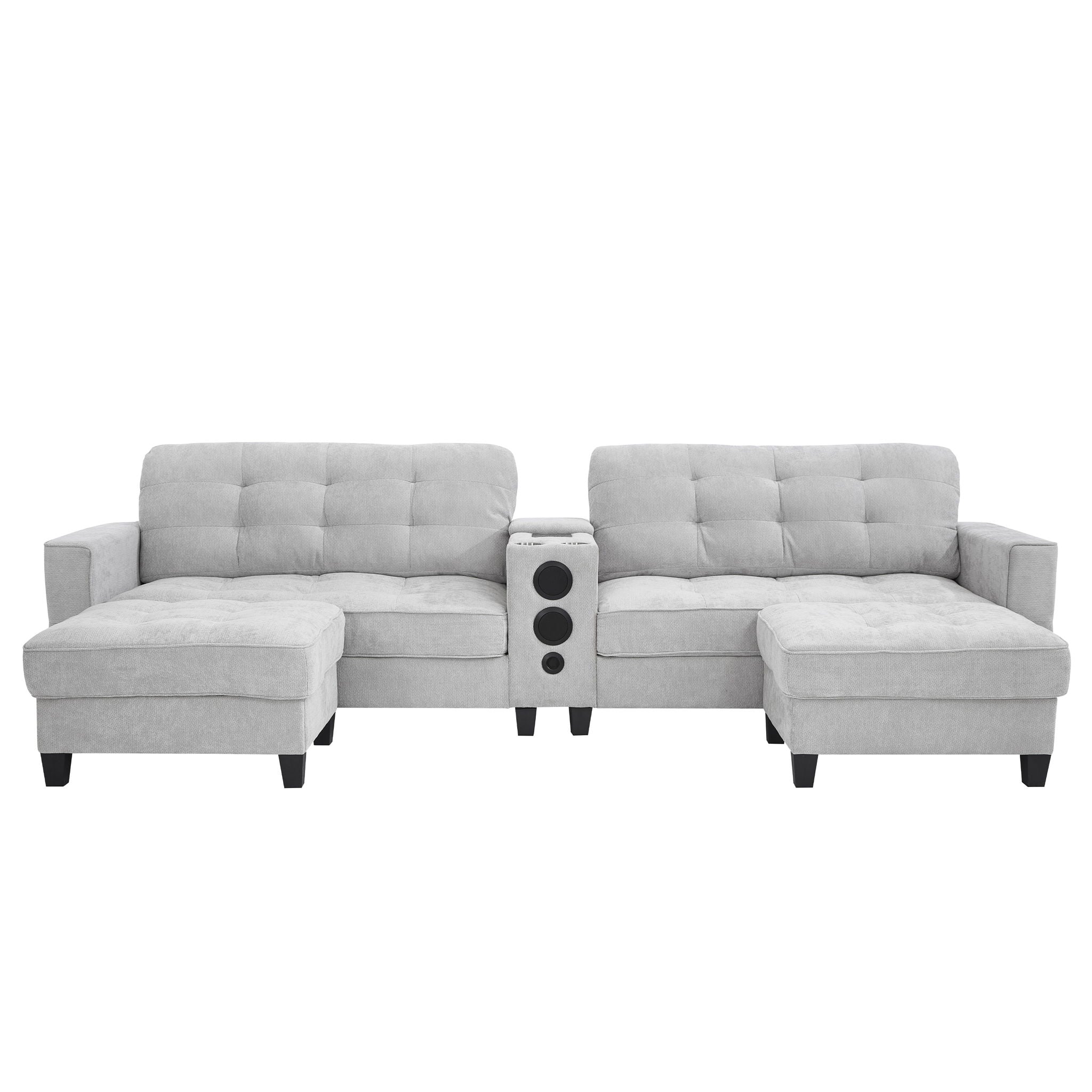 Modern Sectional Sofa U-Shaped With Movable Ottomans, tooth Speakers, LED Lights And Modular Storage