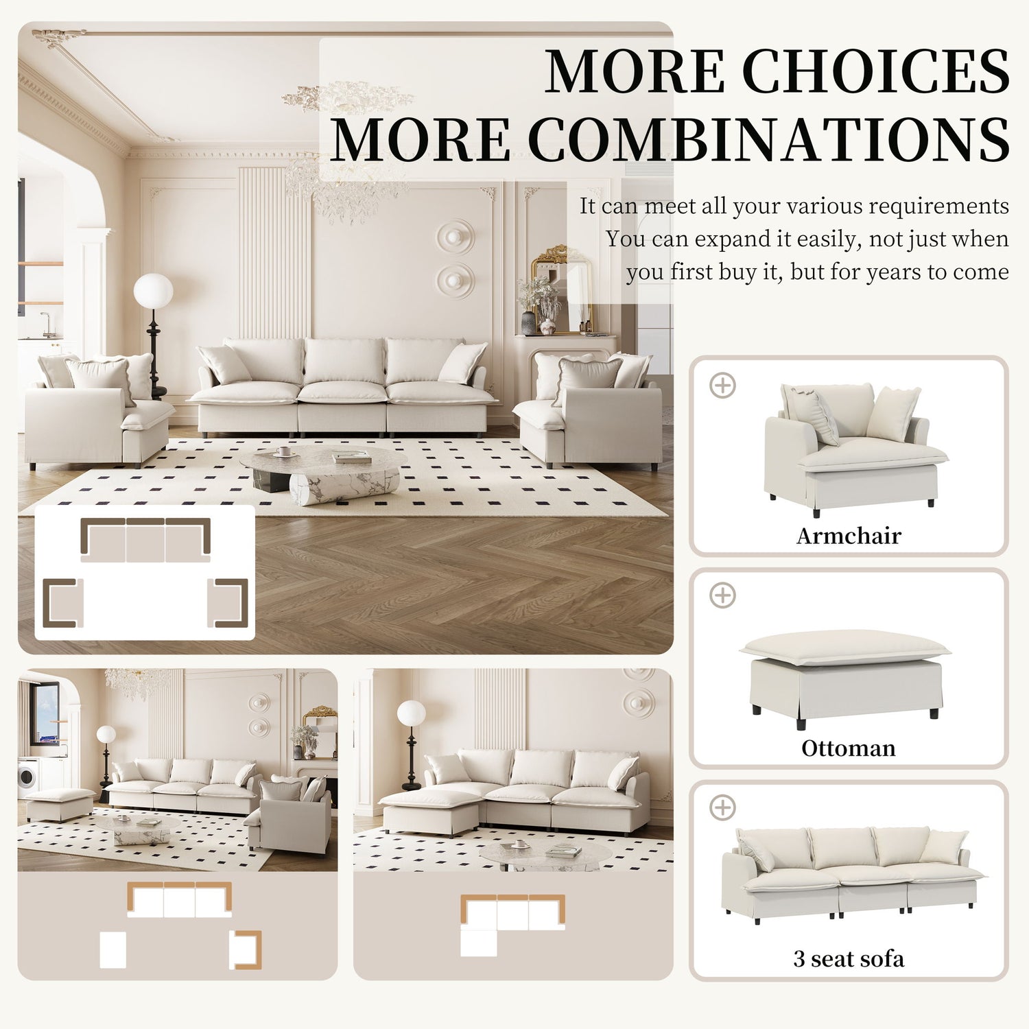 Living Room Set Modular Sectional Couch, Upholstered Sofa &amp; Armchair &amp; Movable Ottoman