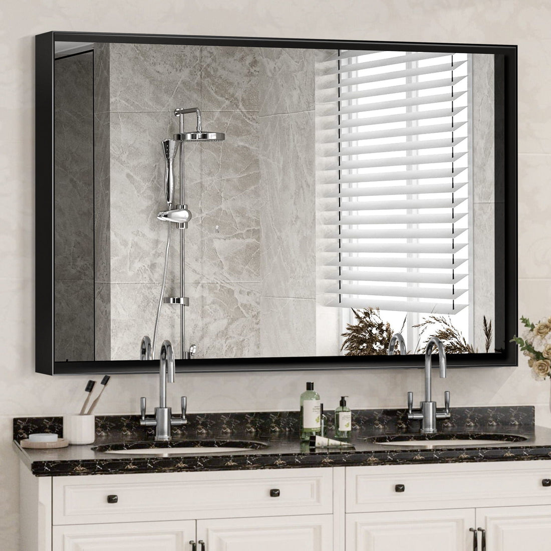 40X30&quot; Glossy Bathroom Mirrors For Wall Rectangle Vanity Mirror Corner Hangs Farmhouse Mirror Modern Metal Framed Rectangular Mirror, Decorative Square Corner Mirror (Horizontal &amp; Vertical) - Black
