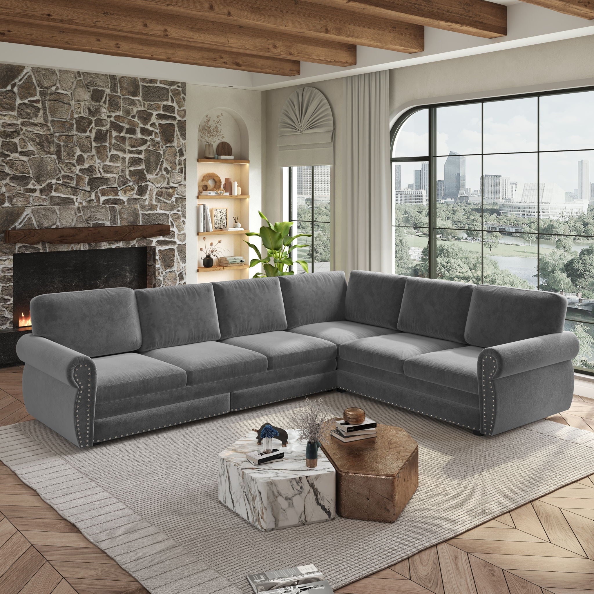 L-Shaped Sofa Couch With Pull Out Bed With Nailhead Trim &amp; Rolled Arm