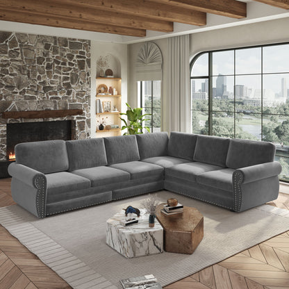 L-Shaped Sofa Couch With Pull Out Bed With Nailhead Trim &amp; Rolled Arm