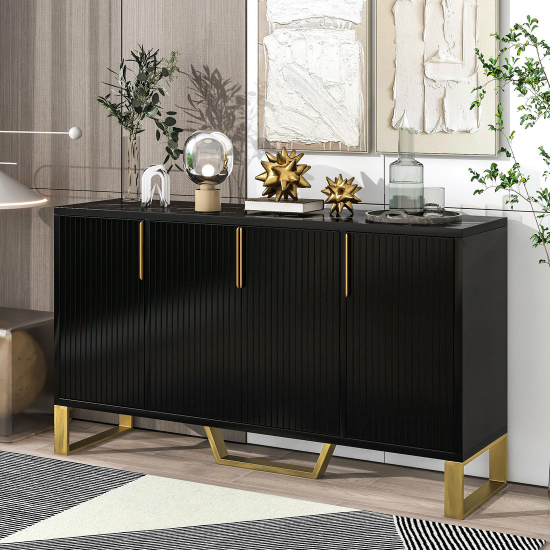 Modern Sideboard With Four Doors, Metal Handles &amp; Legs And Adjustable Shelves Kitchen Cabinet