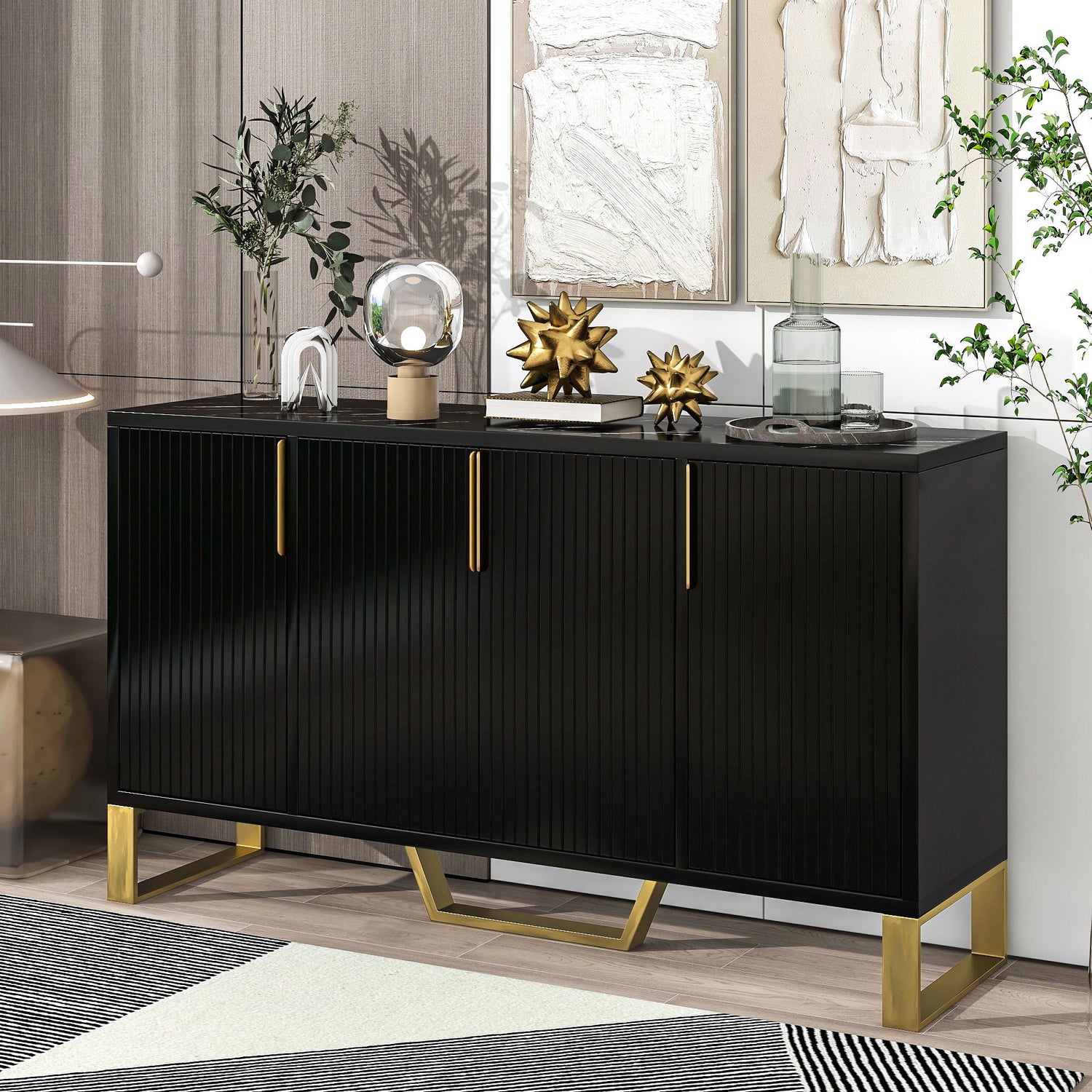 Modern Sideboard With Four Doors, Metal Handles &amp; Legs And Adjustable Shelves Kitchen Cabinet