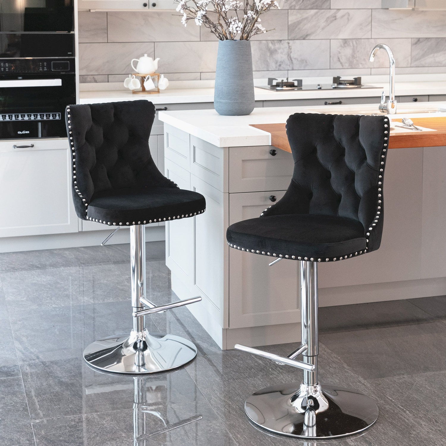Swivel Velvet Barstools Adjusatble Seat Height From 25-33&quot;, Modern Upholstered Chrome Base Bar Stools With Backs Comfortable Tufted For Home Pub And Kitchen Island (Set of 2)