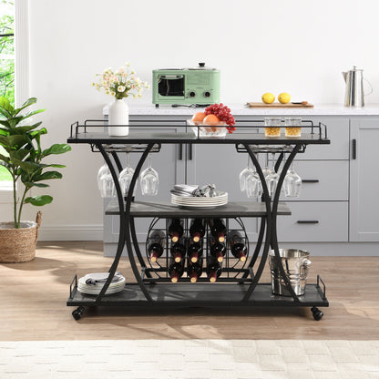 Industrial Bar Cart Kitchen Bar &amp; Serving Cart For Home With Wheels 3 Tier Storage Shelves - Black / Gray