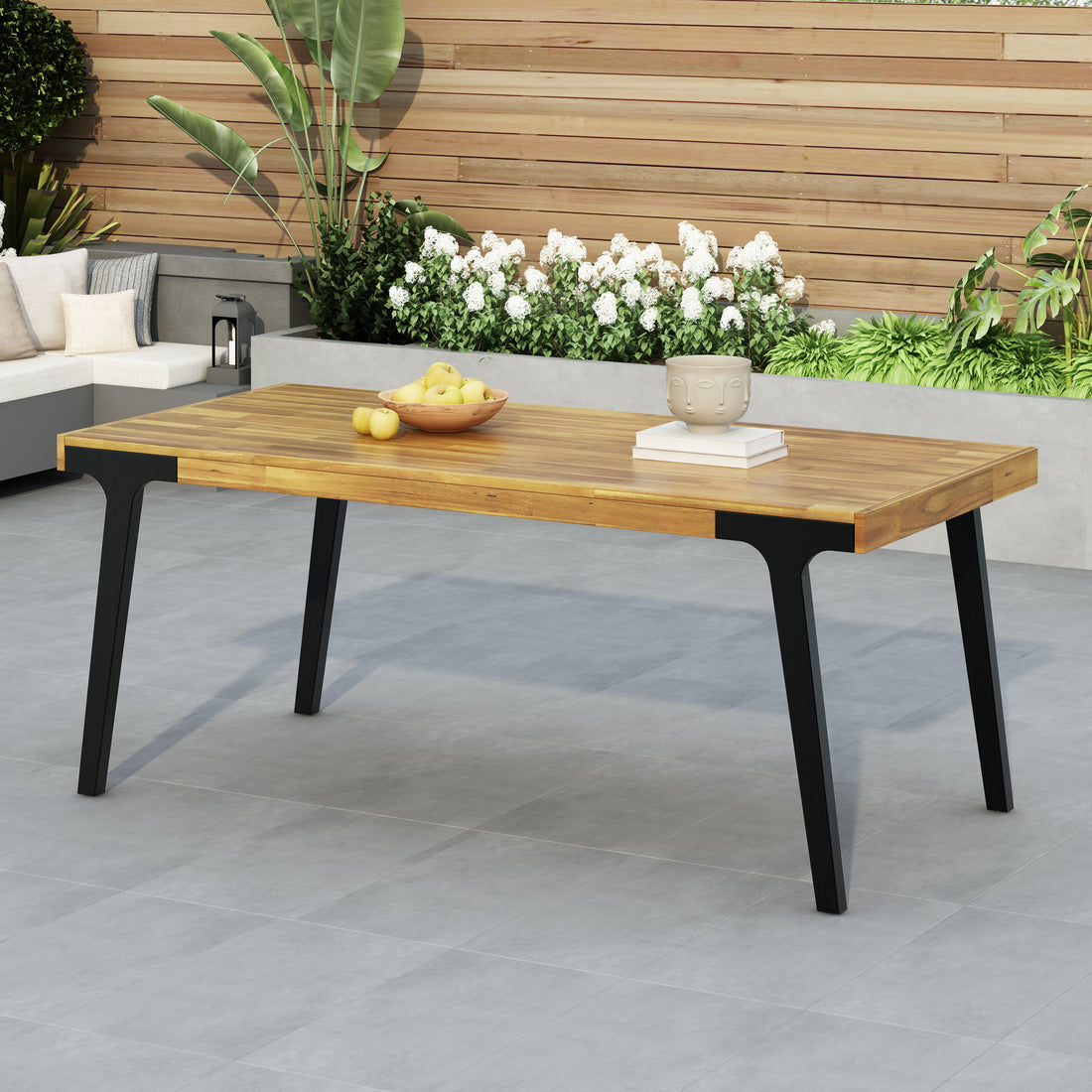 Acacia Wood Patio Dining Table, 69&quot;L Rectangle Outdoor Table - Teak / Black