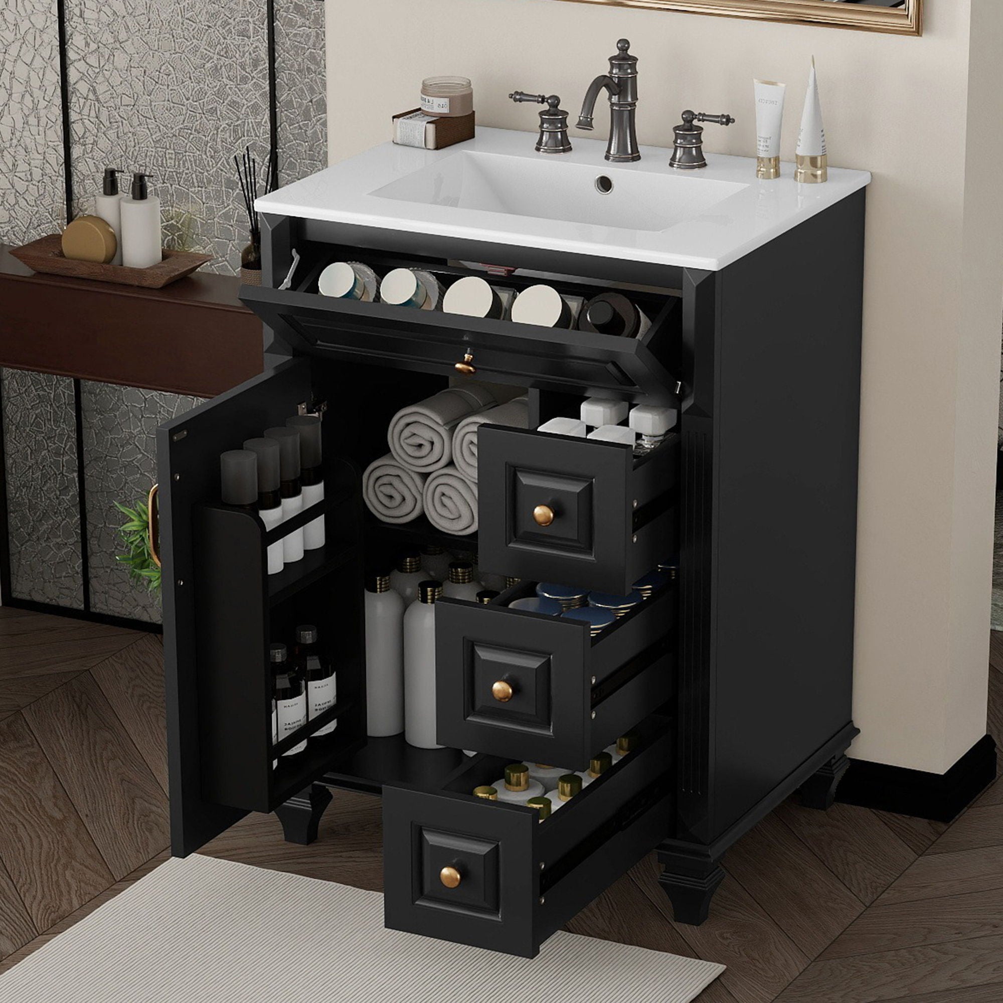 Freestanding Bathroom Vanity With Sink, 3 Drawers &amp; Flip-Out Drawer